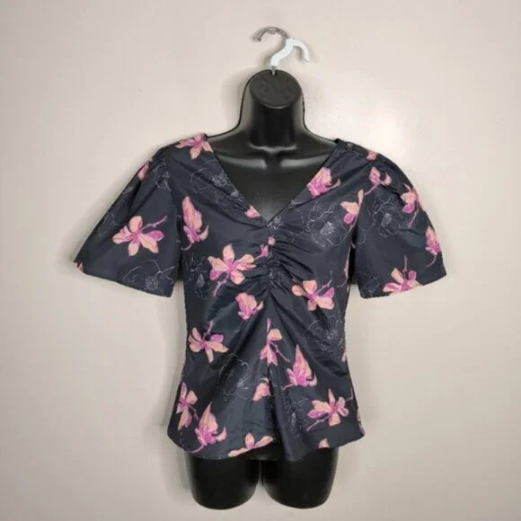 Club Monaco Floral Coquette Prairie Country Ruched Front Woven Top XS - Picture 3 of 12